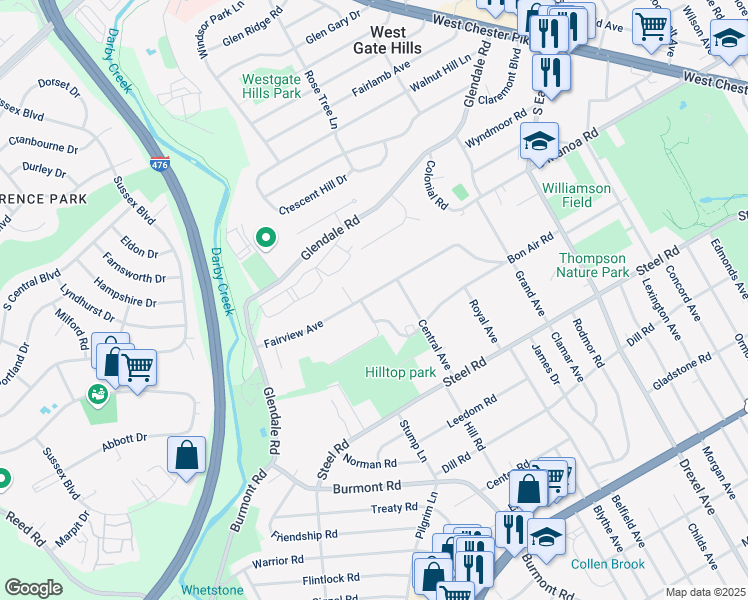 map of restaurants, bars, coffee shops, grocery stores, and more near 1321 Fairview Avenue in Havertown