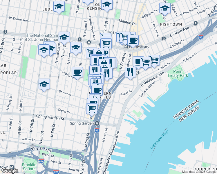 map of restaurants, bars, coffee shops, grocery stores, and more near 1094 North Front Street in Philadelphia