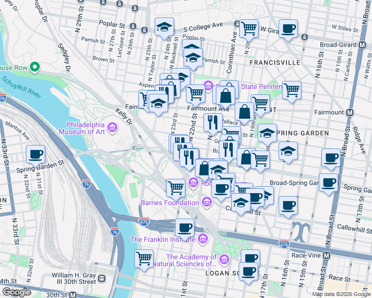 map of restaurants, bars, coffee shops, grocery stores, and more near 2128 Brandywine Street in Philadelphia