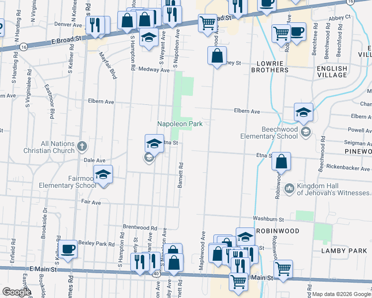 map of restaurants, bars, coffee shops, grocery stores, and more near 396 Barnett Road in Columbus