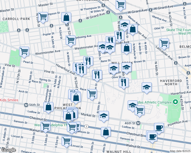 map of restaurants, bars, coffee shops, grocery stores, and more near 5032 Aspen Street in Philadelphia