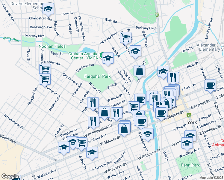 map of restaurants, bars, coffee shops, grocery stores, and more near 337 Garfield Street in York