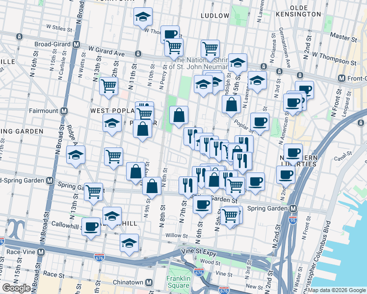 map of restaurants, bars, coffee shops, grocery stores, and more near 705-9 North Franklin Street in Philadelphia