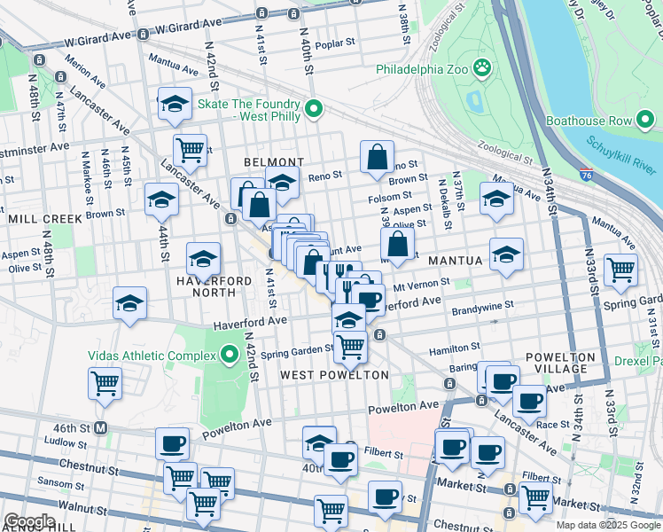 map of restaurants, bars, coffee shops, grocery stores, and more near 636 North 40th Street in Philadelphia