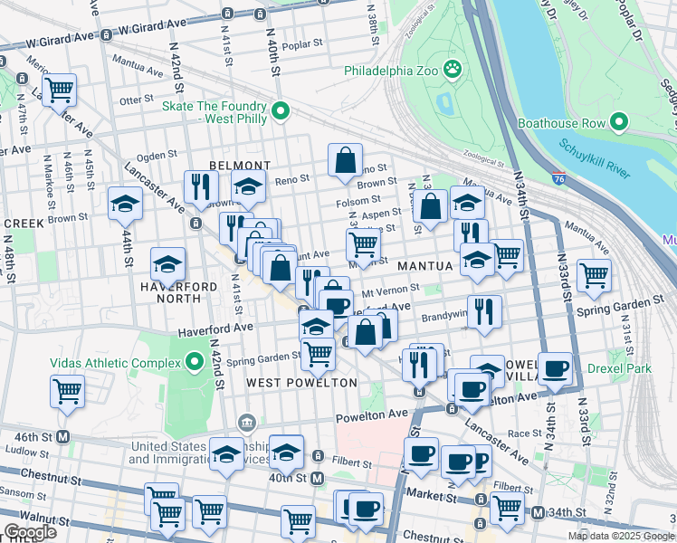 map of restaurants, bars, coffee shops, grocery stores, and more near 3920 Melon Street in Philadelphia