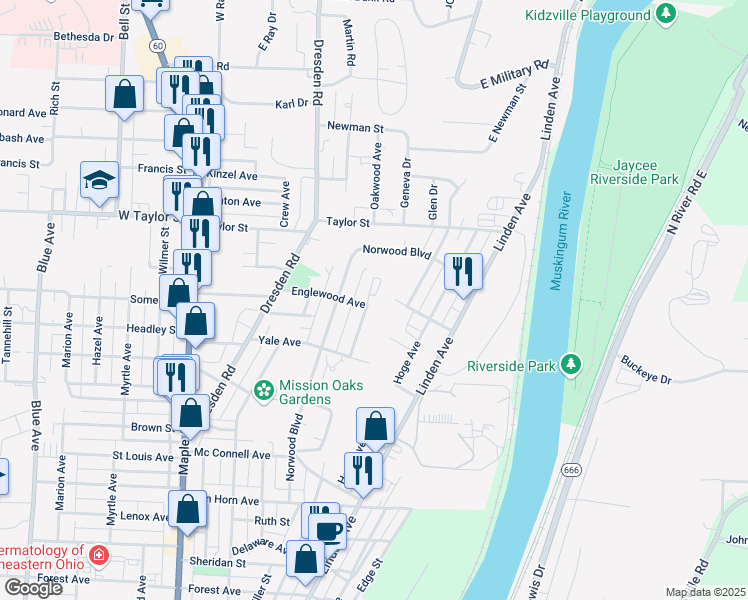 map of restaurants, bars, coffee shops, grocery stores, and more near 2004 Normandy Circle in Zanesville