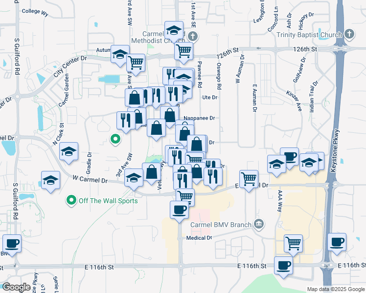 map of restaurants, bars, coffee shops, grocery stores, and more near 1063 South Rangeline Road in Carmel