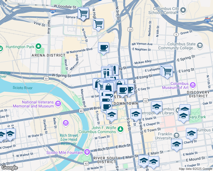 map of restaurants, bars, coffee shops, grocery stores, and more near 106 North High Street in Columbus