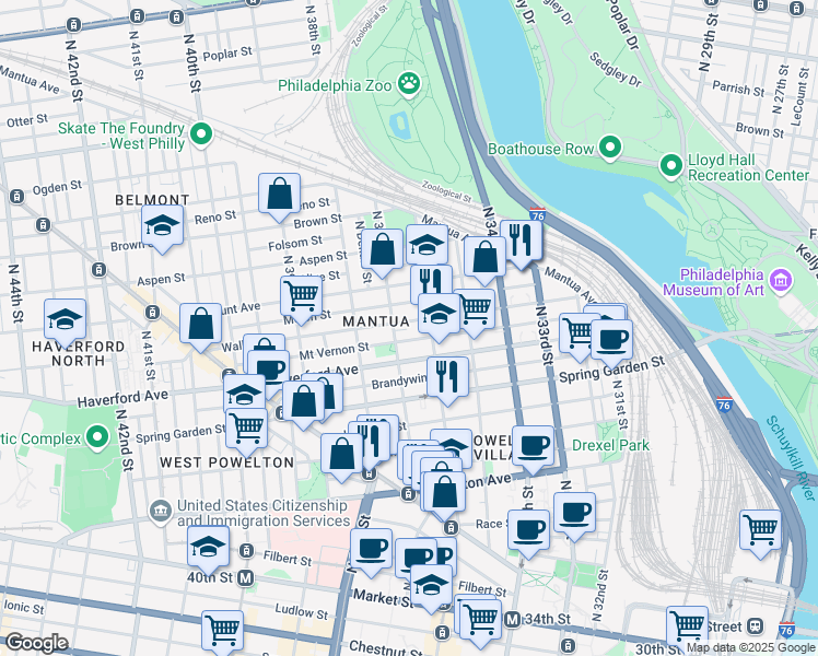 map of restaurants, bars, coffee shops, grocery stores, and more near 3618 Wallace Street in Philadelphia