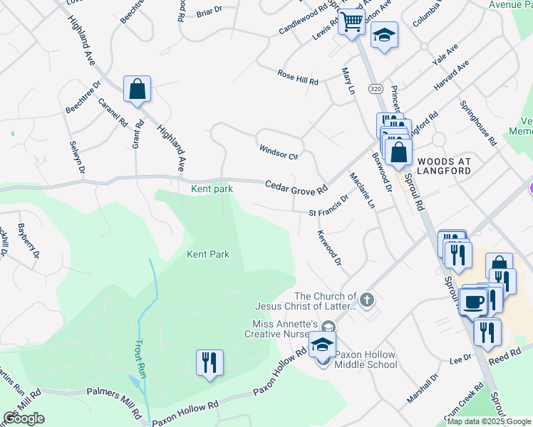 map of restaurants, bars, coffee shops, grocery stores, and more near 809 Saint Francis Drive in Broomall