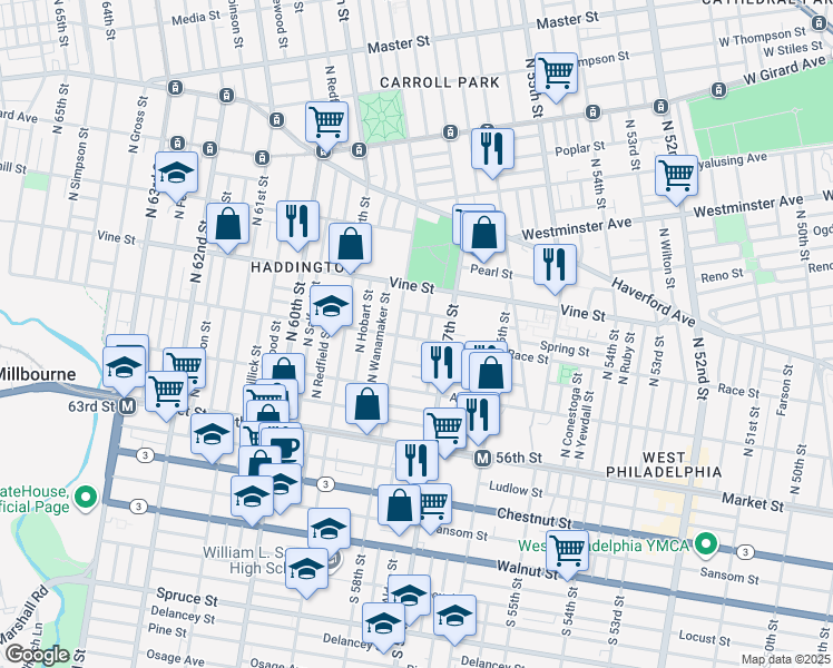map of restaurants, bars, coffee shops, grocery stores, and more near 5733 Race Street in Philadelphia