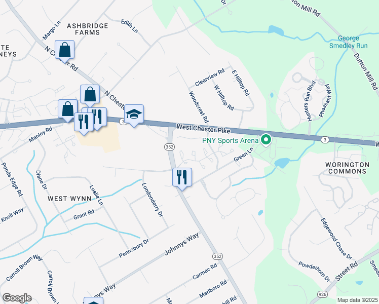 map of restaurants, bars, coffee shops, grocery stores, and more near 803 Winchester Court in West Chester