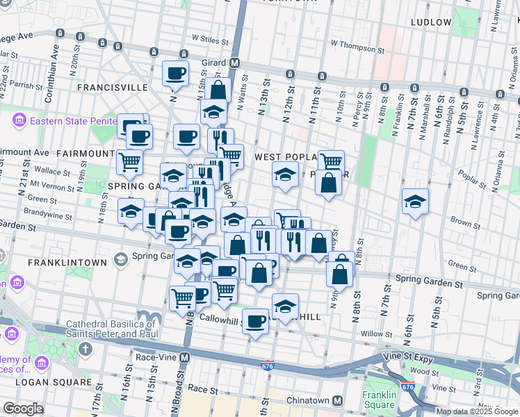 map of restaurants, bars, coffee shops, grocery stores, and more near 1216 Wallace Street in Philadelphia