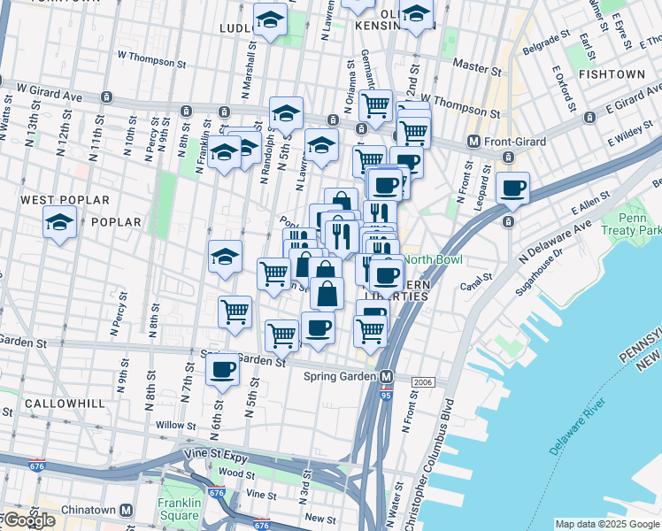 map of restaurants, bars, coffee shops, grocery stores, and more near 845 North Orianna Street in Philadelphia