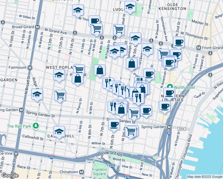 map of restaurants, bars, coffee shops, grocery stores, and more near 616 Brown Street in Philadelphia