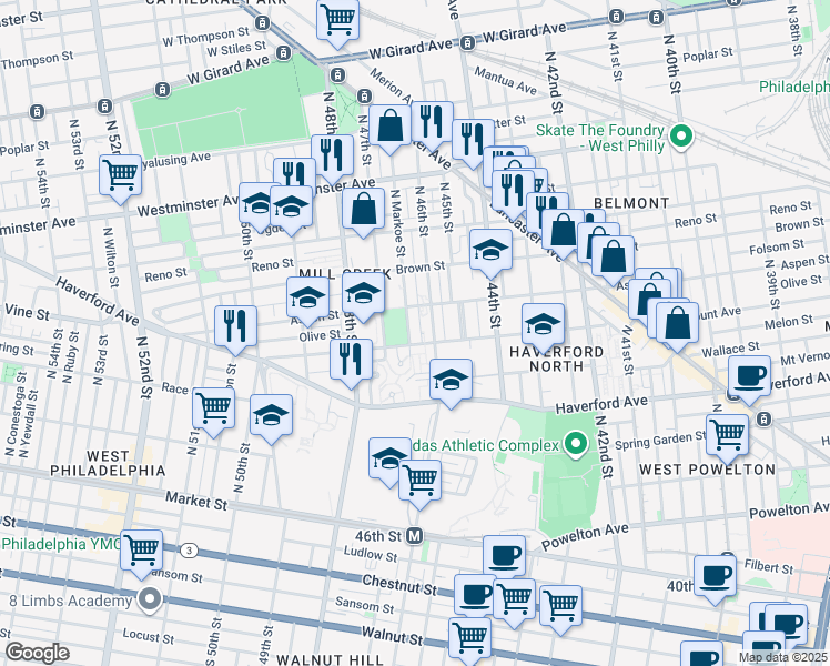 map of restaurants, bars, coffee shops, grocery stores, and more near 4619 Fairmount Avenue in Philadelphia
