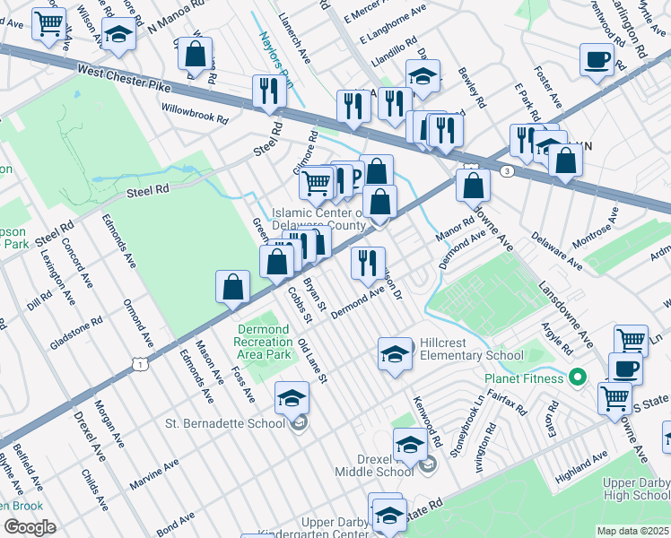 map of restaurants, bars, coffee shops, grocery stores, and more near 1236 Harding Drive in Havertown