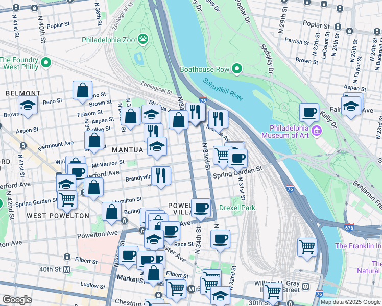 map of restaurants, bars, coffee shops, grocery stores, and more near 619 North 34th Street in Philadelphia