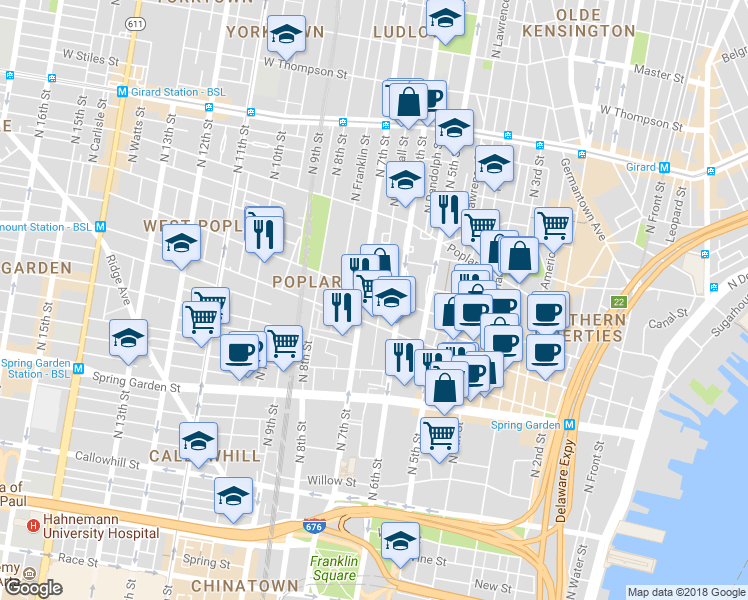 map of restaurants, bars, coffee shops, grocery stores, and more near 616 Brown Street in Philadelphia
