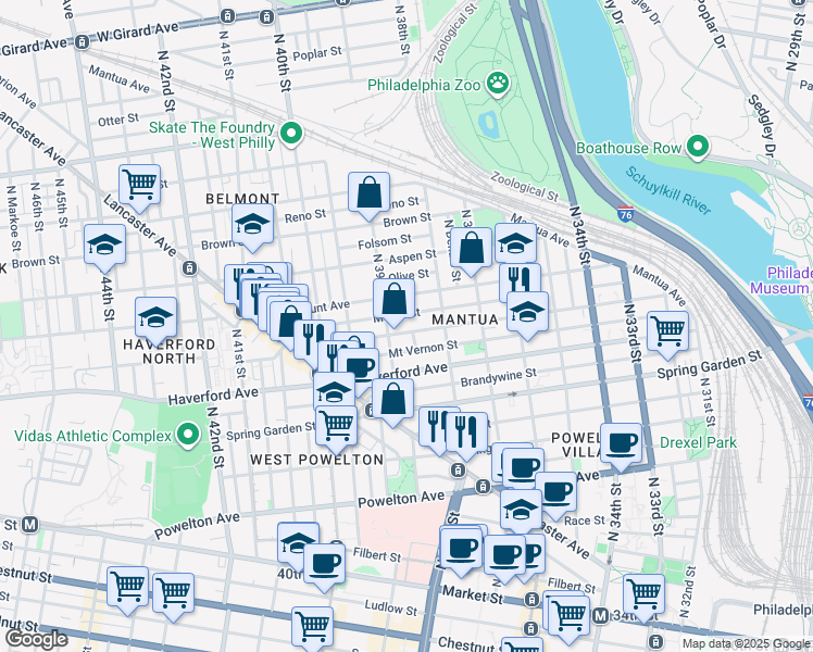map of restaurants, bars, coffee shops, grocery stores, and more near 641 North 39th Street in Philadelphia