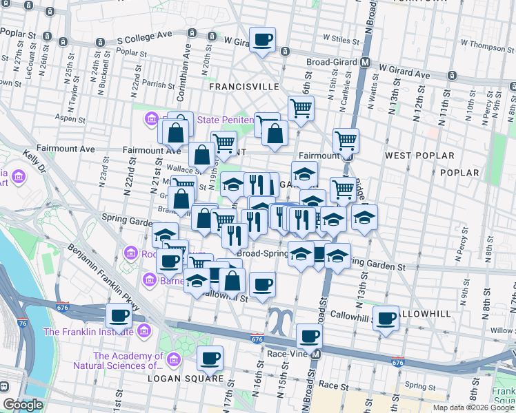 map of restaurants, bars, coffee shops, grocery stores, and more near 1705 Green Street in Philadelphia