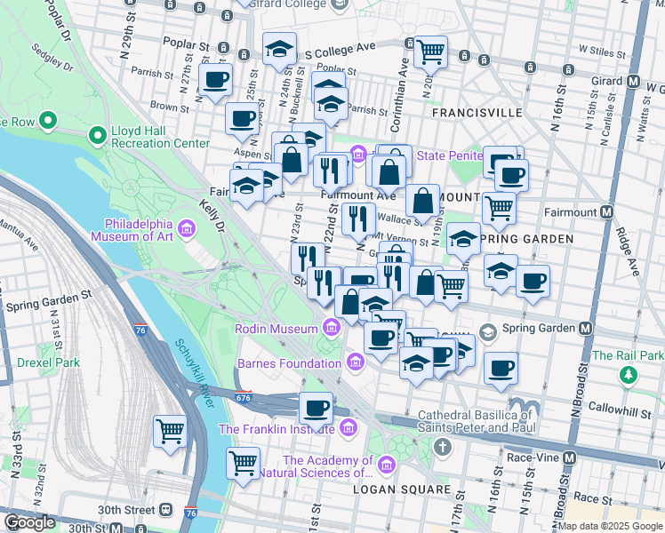 map of restaurants, bars, coffee shops, grocery stores, and more near 2128 Brandywine Street in Philadelphia