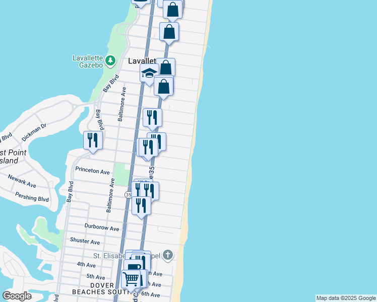 map of restaurants, bars, coffee shops, grocery stores, and more near 1802 Oceanfront in Lavallette