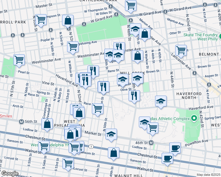 map of restaurants, bars, coffee shops, grocery stores, and more near 431 North 50th Street in Philadelphia