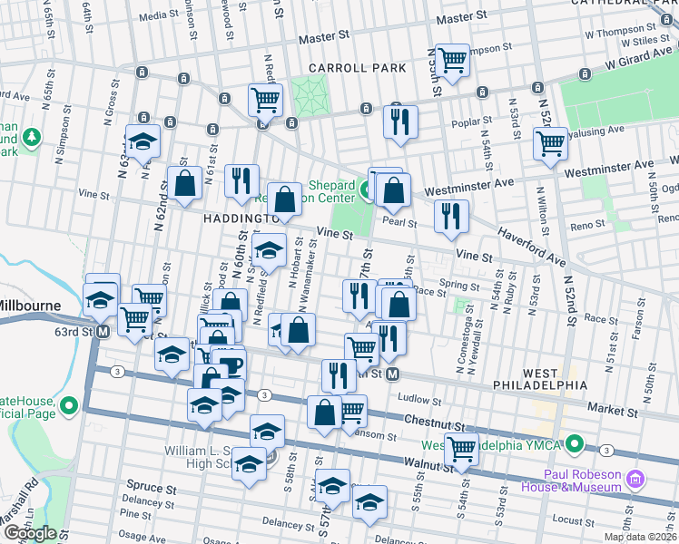 map of restaurants, bars, coffee shops, grocery stores, and more near 5733 Race Street in Philadelphia
