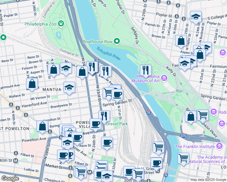 map of restaurants, bars, coffee shops, grocery stores, and more near 3111 Haverford Avenue in Philadelphia