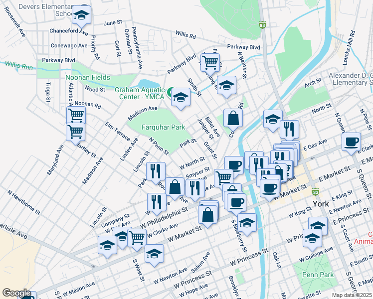 map of restaurants, bars, coffee shops, grocery stores, and more near 339 Garfield Street in York