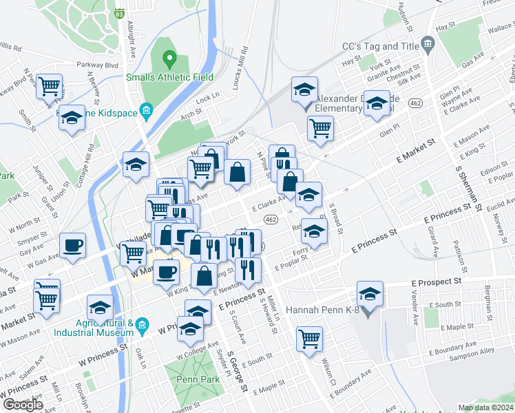 map of restaurants, bars, coffee shops, grocery stores, and more near 219 East Clarke Avenue in York