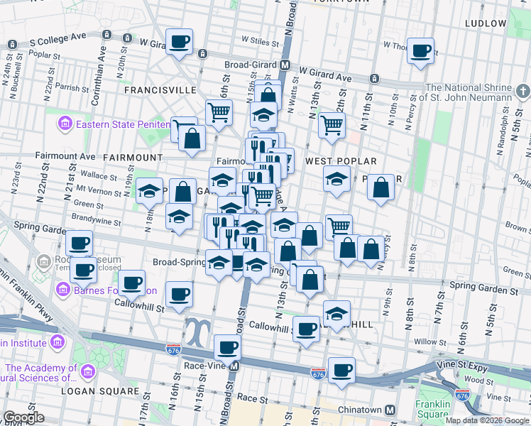 map of restaurants, bars, coffee shops, grocery stores, and more near in Philadelphia