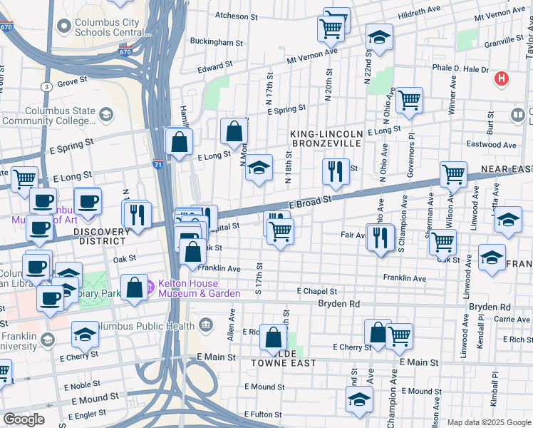 map of restaurants, bars, coffee shops, grocery stores, and more near 875 East Broad Street in Columbus