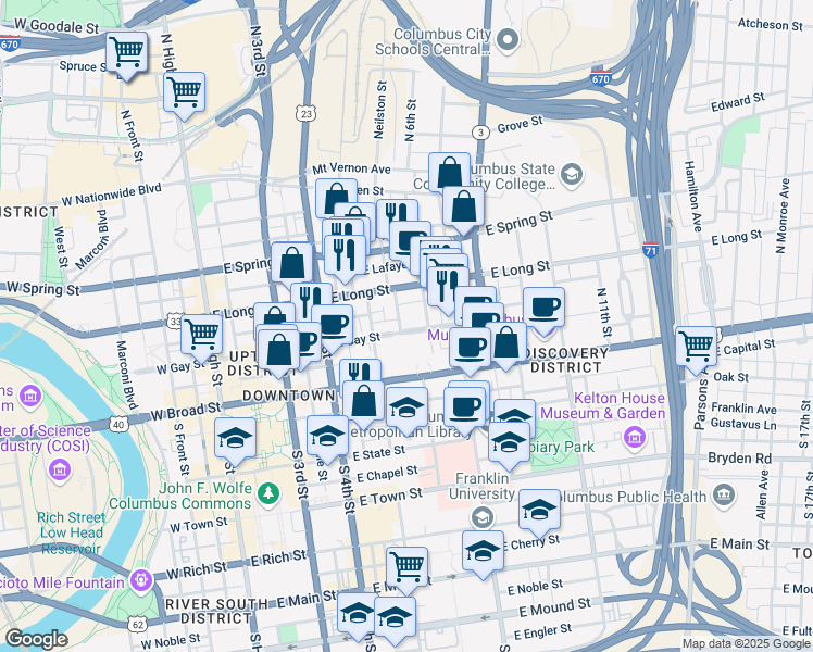 map of restaurants, bars, coffee shops, grocery stores, and more near 278 1/2 East Gay Street in Columbus