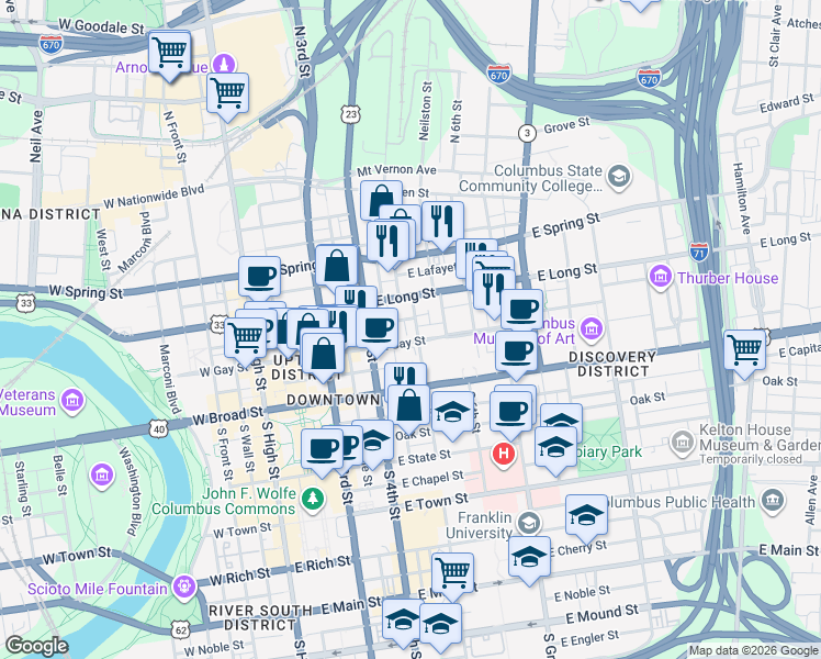 map of restaurants, bars, coffee shops, grocery stores, and more near 53 North 5th Street in Columbus