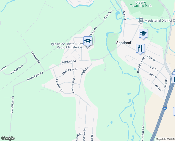 map of restaurants, bars, coffee shops, grocery stores, and more near 3552 Eagle Drive in Chambersburg