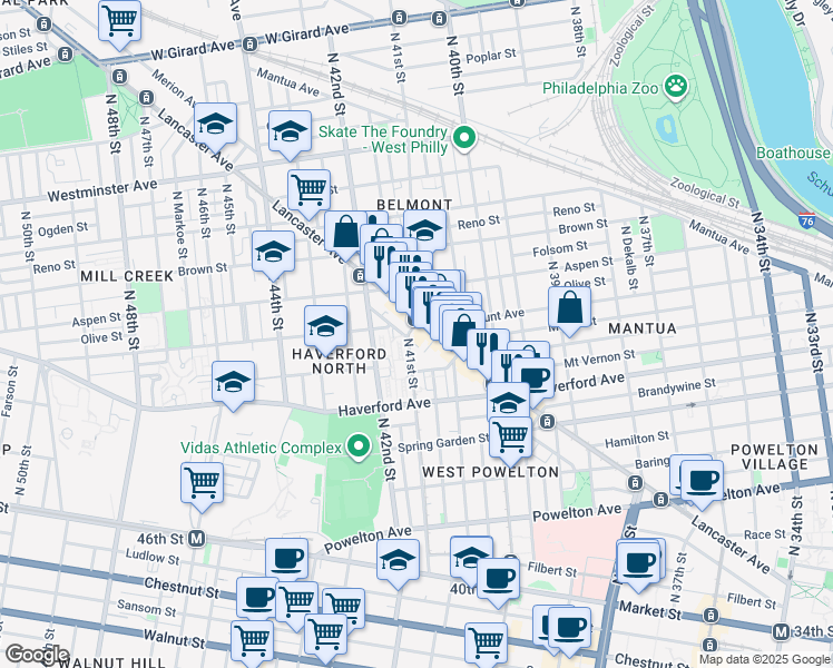 map of restaurants, bars, coffee shops, grocery stores, and more near 675 North 41st Street in Philadelphia