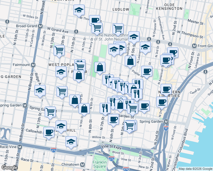 map of restaurants, bars, coffee shops, grocery stores, and more near 635 North 7th Street in Philadelphia