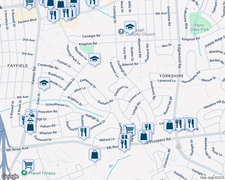 map of restaurants, bars, coffee shops, grocery stores, and more near 2920 Broxton Lane in York