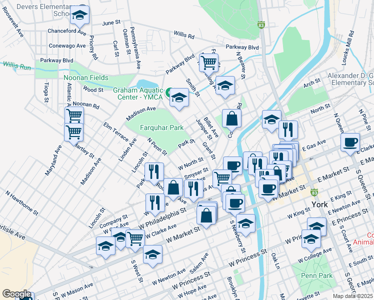 map of restaurants, bars, coffee shops, grocery stores, and more near 337 Garfield Street in York