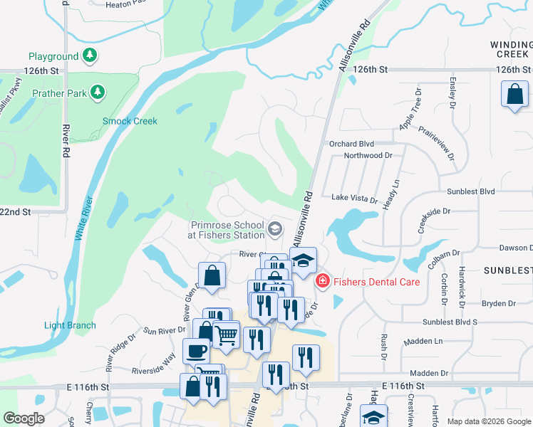 map of restaurants, bars, coffee shops, grocery stores, and more near 7287 Pymbroke Circle in Fishers