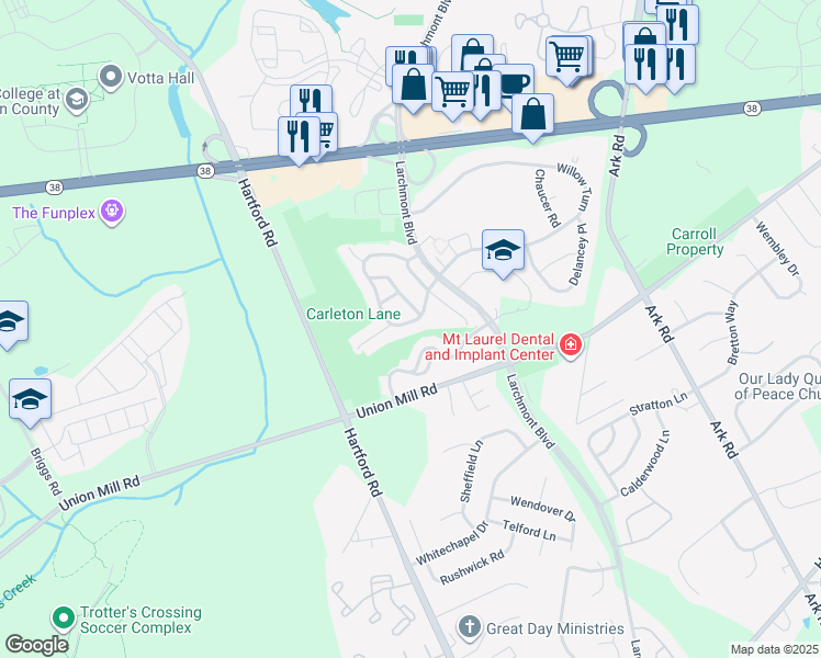 map of restaurants, bars, coffee shops, grocery stores, and more near 311 Carleton Lane in Mount Laurel Township