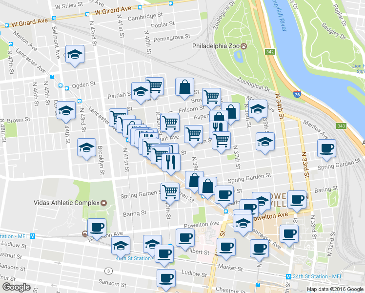 map of restaurants, bars, coffee shops, grocery stores, and more near 3914 Melon Street in Philadelphia