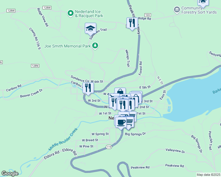 map of restaurants, bars, coffee shops, grocery stores, and more near 750 Colorado 72 in Nederland