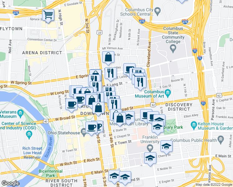 map of restaurants, bars, coffee shops, grocery stores, and more near 87 North 5th Street in Columbus