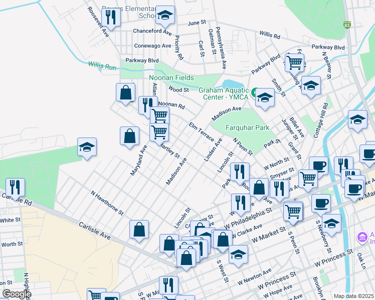 map of restaurants, bars, coffee shops, grocery stores, and more near 475 Madison Ave in York