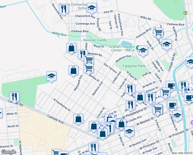 map of restaurants, bars, coffee shops, grocery stores, and more near 537 North Hartley Street in York