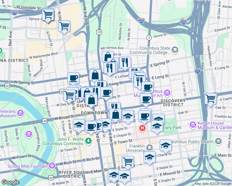 map of restaurants, bars, coffee shops, grocery stores, and more near 61 North 5th Street in Columbus