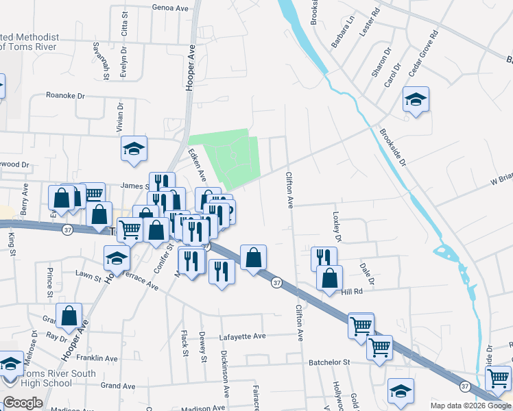 map of restaurants, bars, coffee shops, grocery stores, and more near 503 Pheasant Lane in Toms River